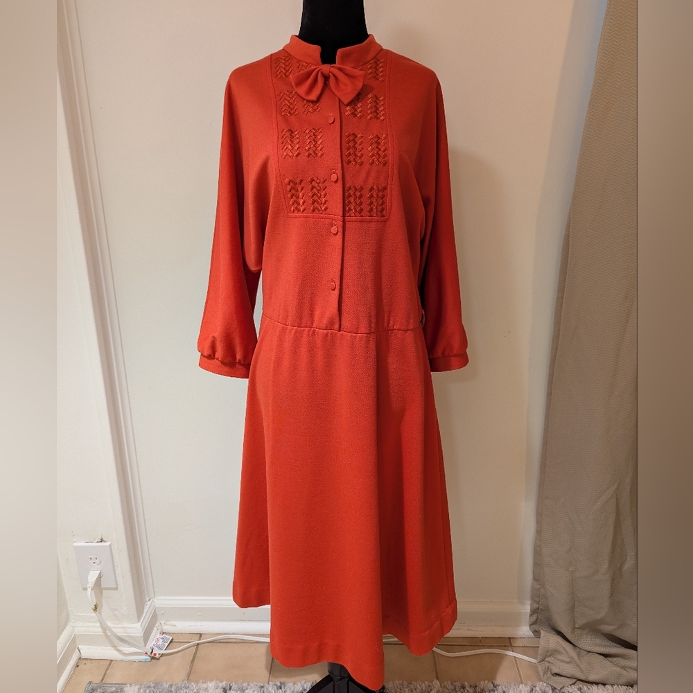 Vintage 1970s Toni Todd Salmon Red Pink Button Front Midi Dress Embroidery